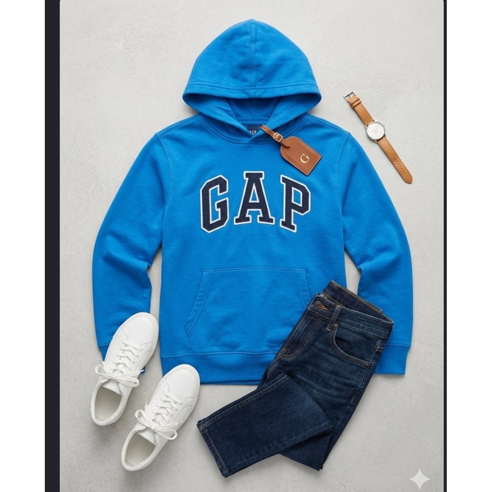 Gap Kids Boys Blue Arch Logo Fleece Pullover Hoodie Sweatshirt Size L 10-11